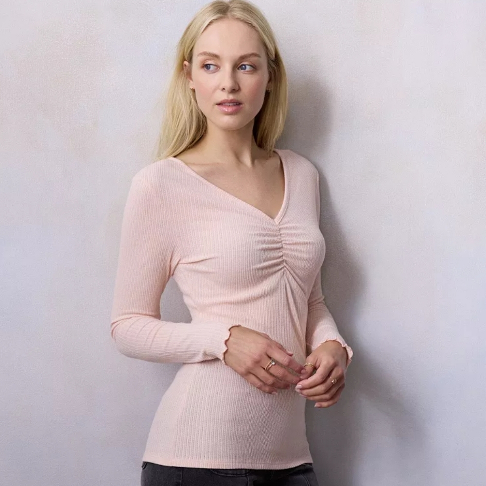 LC Lauren Conrad Pink Ruched Long Sleeve Blouse